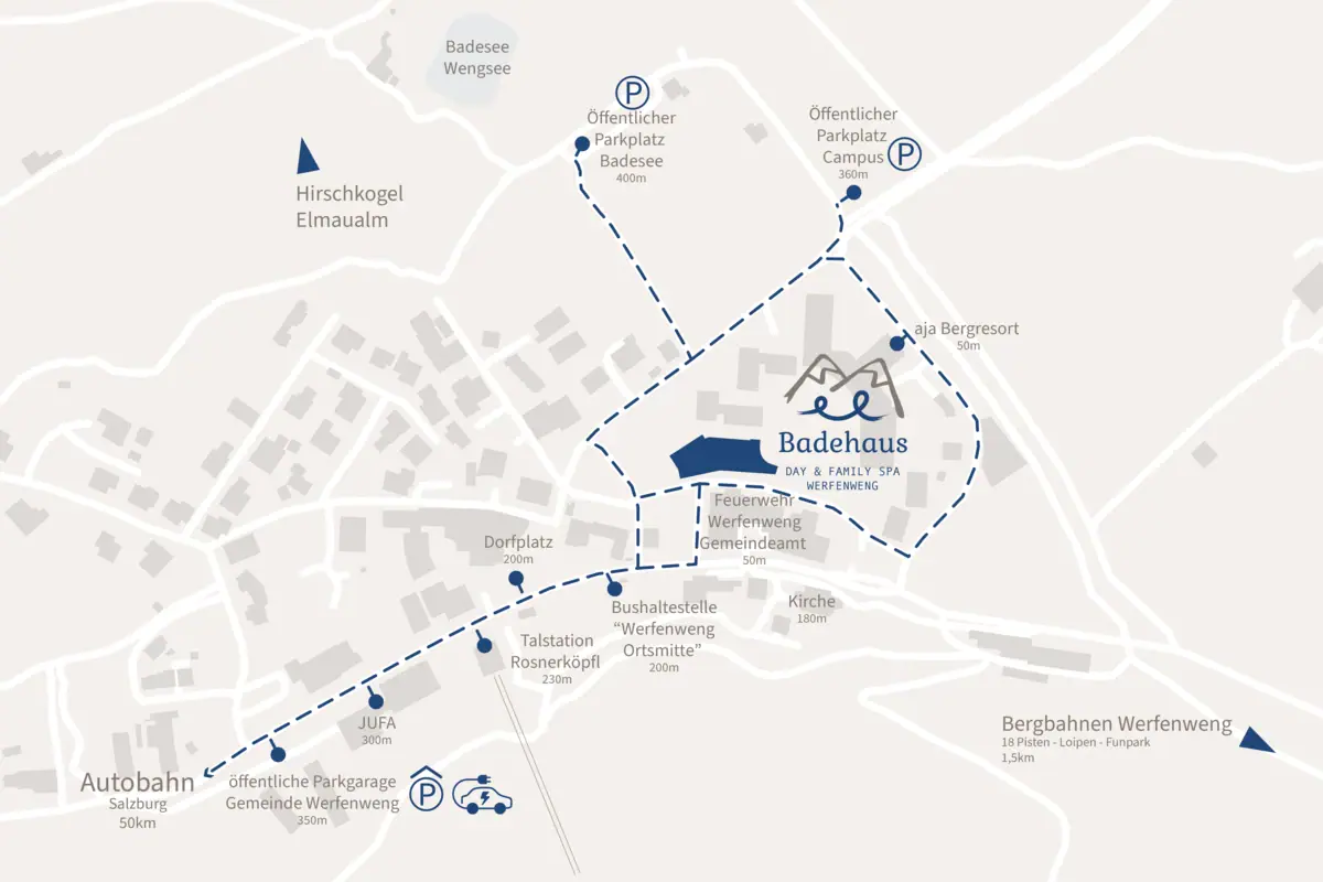 Plattegrond van het badhuis Een plattegrond van de stad met bijschriften die het badhuis van Werfenweng aangeven.