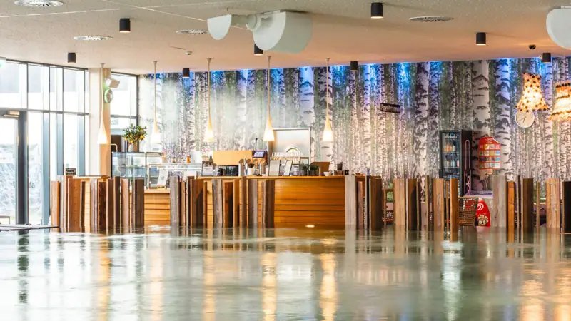 Bar bij het zwembad Een grote kamer met een bar en een grote muur met bomen.