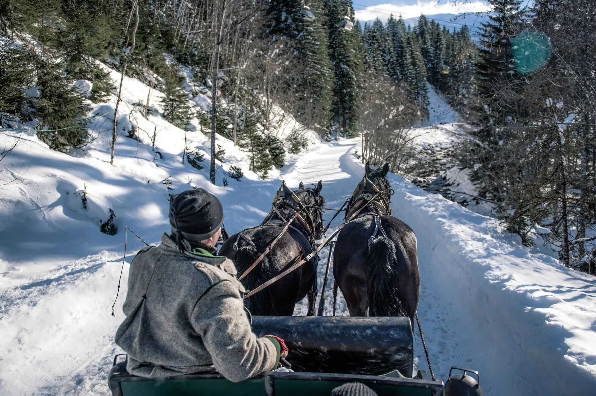 Groep mensen reist in een paardenkoets door een besneeuwd landschap.