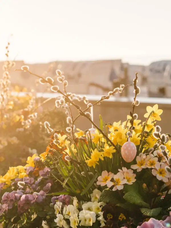 Een groep bloemen met een wit ei in het midden.