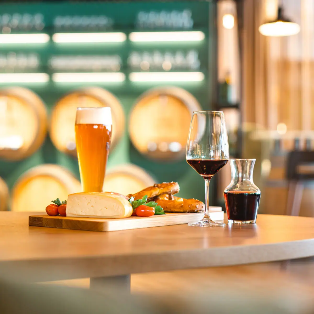 Snack Een tafel met eten en glazen erop.