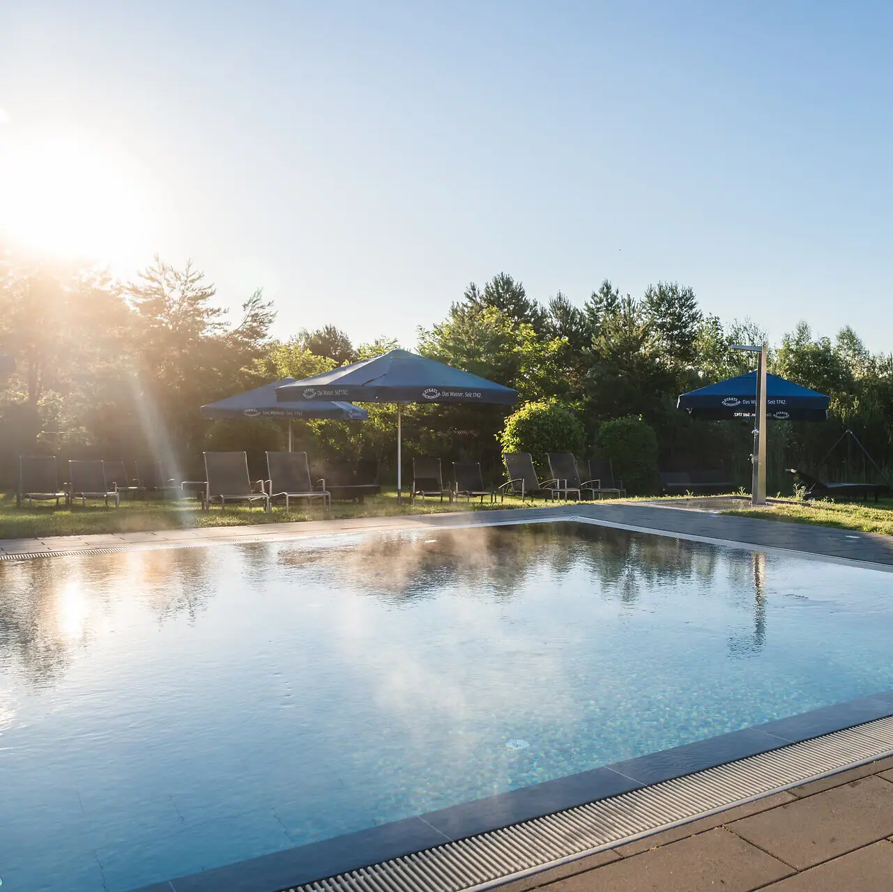 Zwembad bij aja Bad Saarow Een zwembad met parasols en gras.