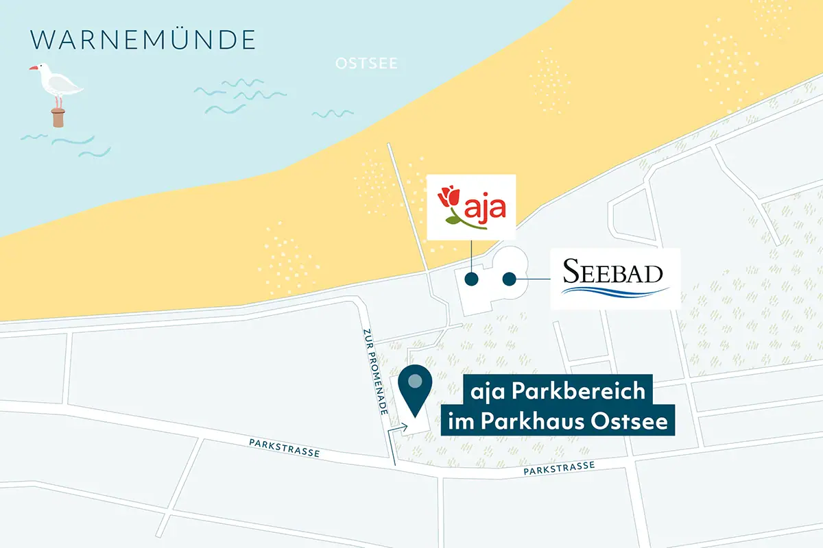Parkeren bij aja Warnemünde Stadsplattegrond met gemarkeerde straten en gebouwen.