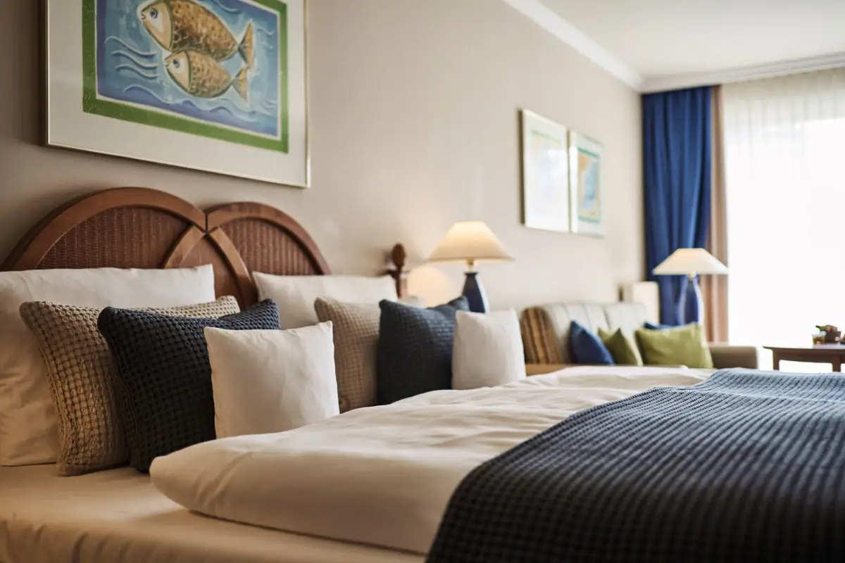 Een bed met kussens en lampen in één kamer.