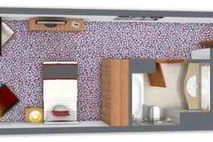 Plattegrond Een kamer met een bed en een bad.