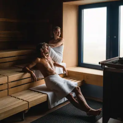 Sauna bij aja Warnemünde Een man en een vrouw in een sauna.