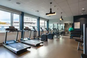 Een ruimte met fitnessapparaten, waaronder een loopband.