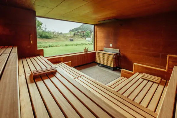 Sauna Een kamer met een houten bank en een barbecue.