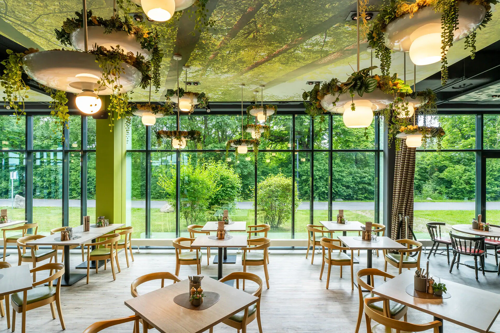 Een kamer met tafels, stoelen en planten die aan het plafond hangen.