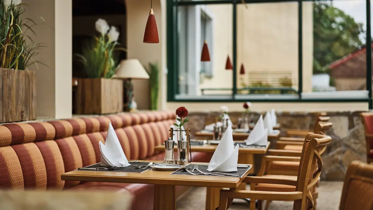 Een tafel met servetten en een bloem in een vaas.