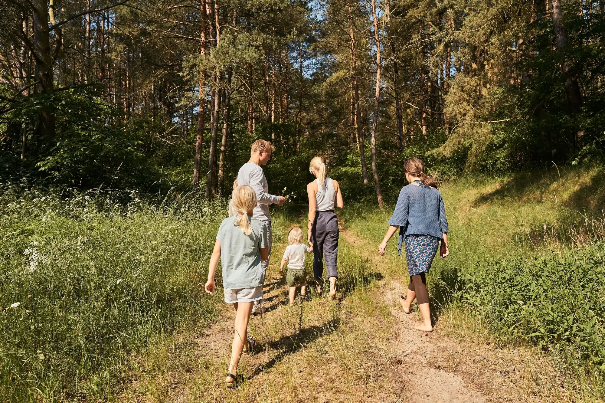 Een groep mensen loopt over een pad in het bos.