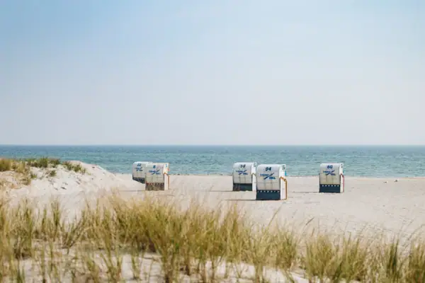 Een groep witte strandstoelen op het strand.