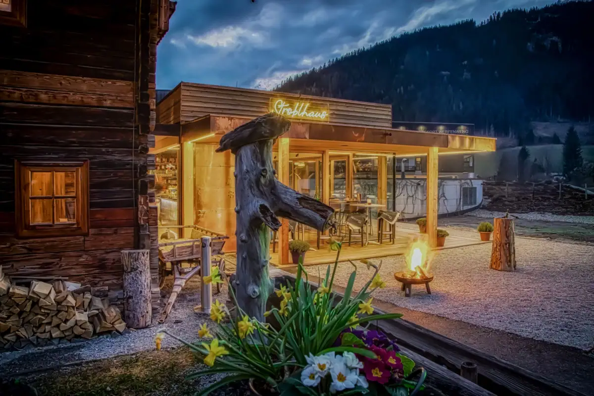 Het gebouw aan de voorkant met een open haard en een boomstronk ervoor.