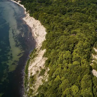 Luchtfoto van Rügen Luchtfoto van een strand met bomen op de voorgrond en water op de achtergrond.