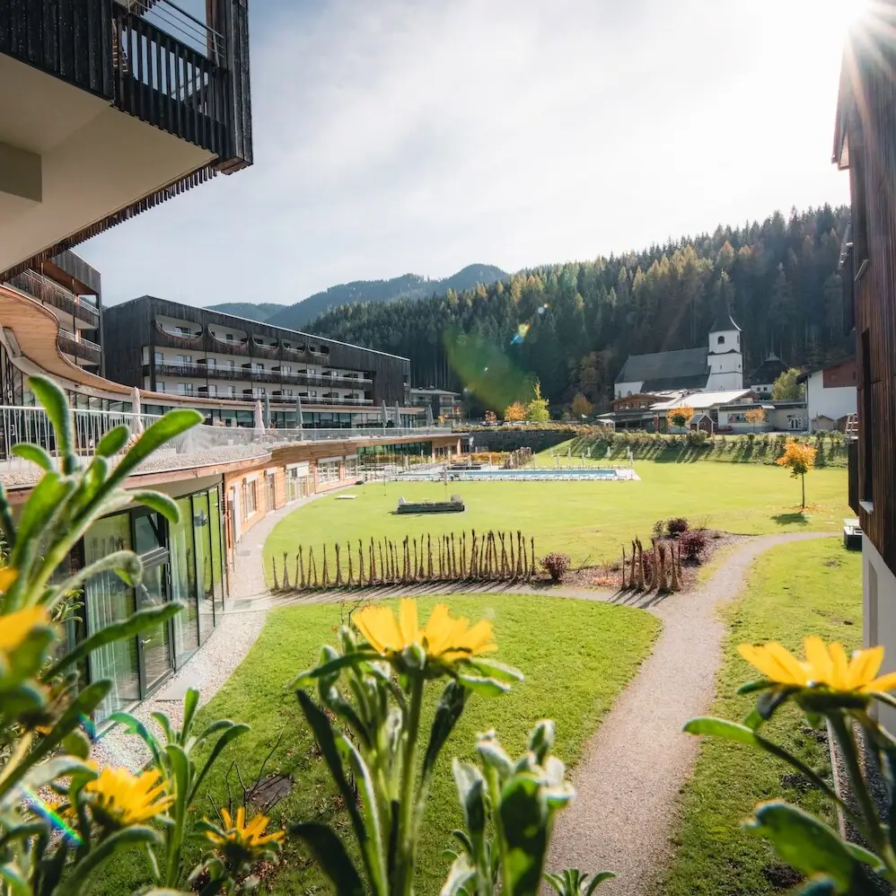 Grasveld met gebouwen en bomen op de achtergrond