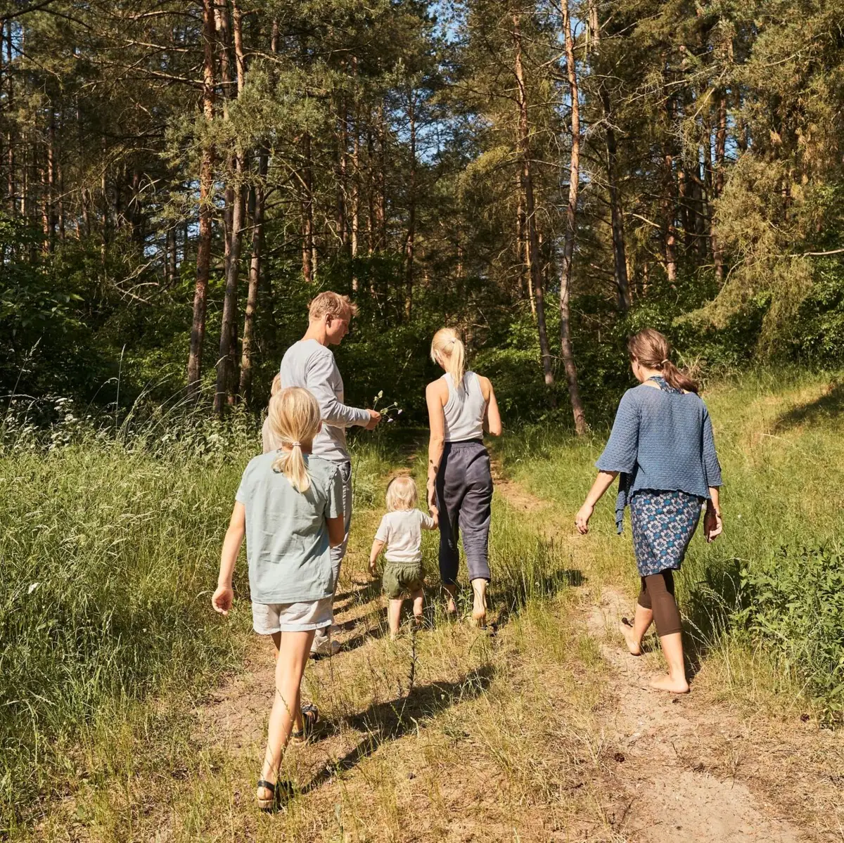 Een groep mensen loopt over een pad in het bos.