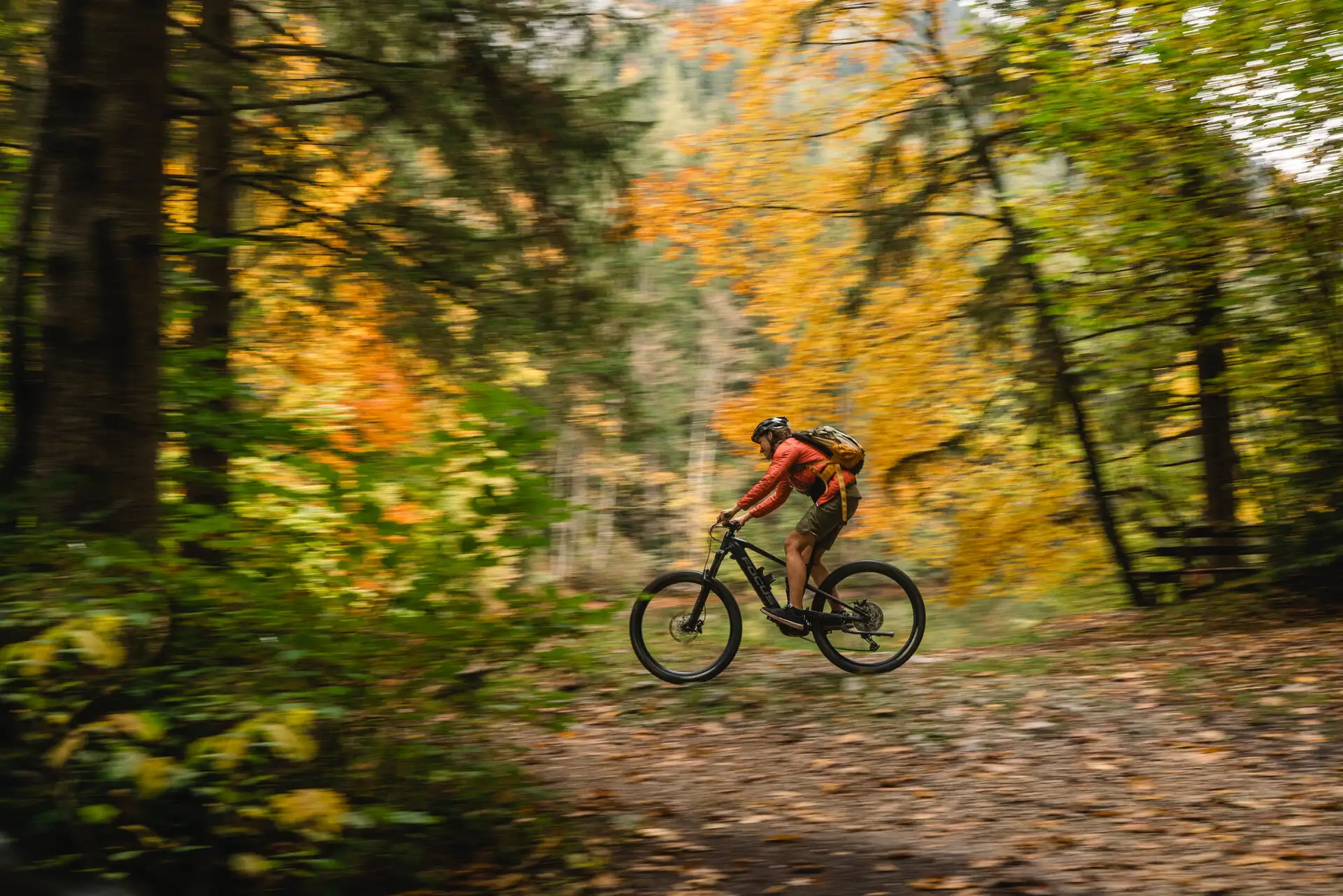 Mountainbiken Een persoon fietst door het bos.