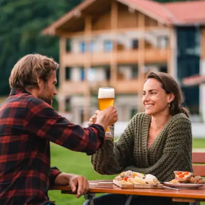 Een man en een vrouw zitten aan een tafel met eten en drinken.