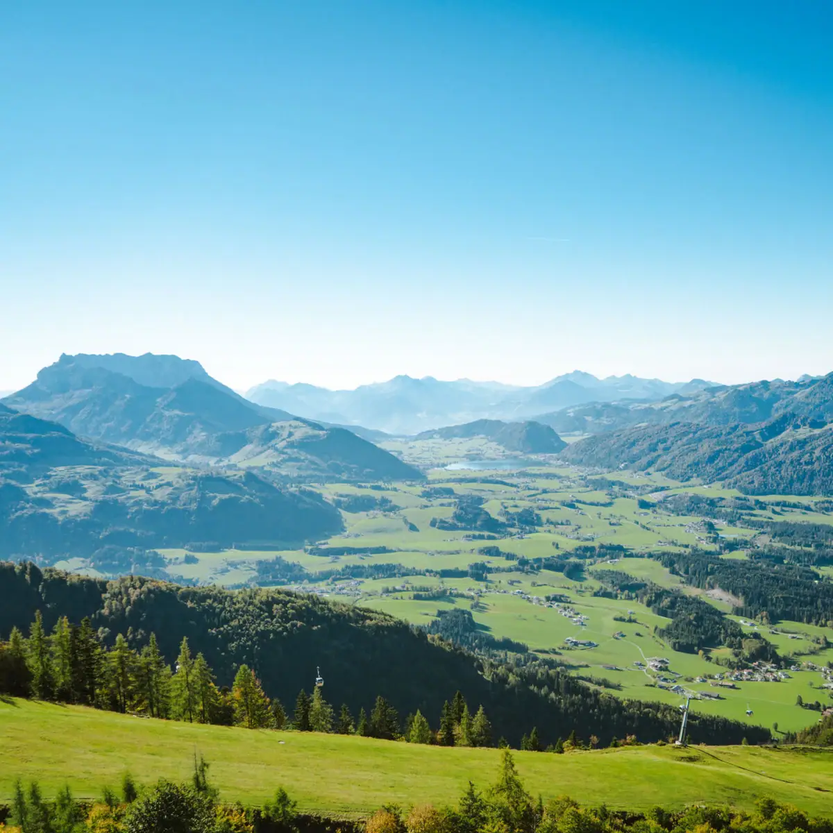 Uitzicht vanaf de berg Groene vallei met bergen en bomen.