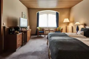 Junior Suite Een kamer met een bed en een televisie.