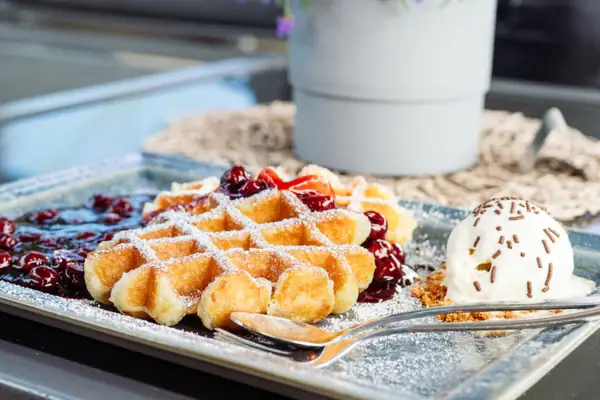 Een bord wafels en ijs.
