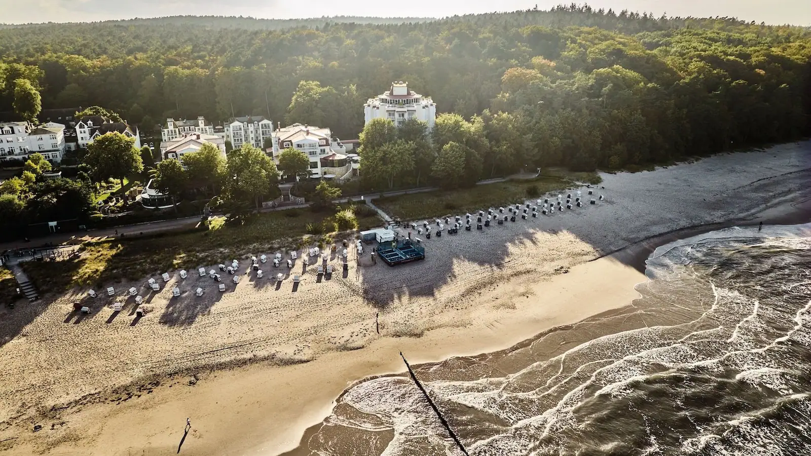Een strand met veel strandstoelen en bomen.
