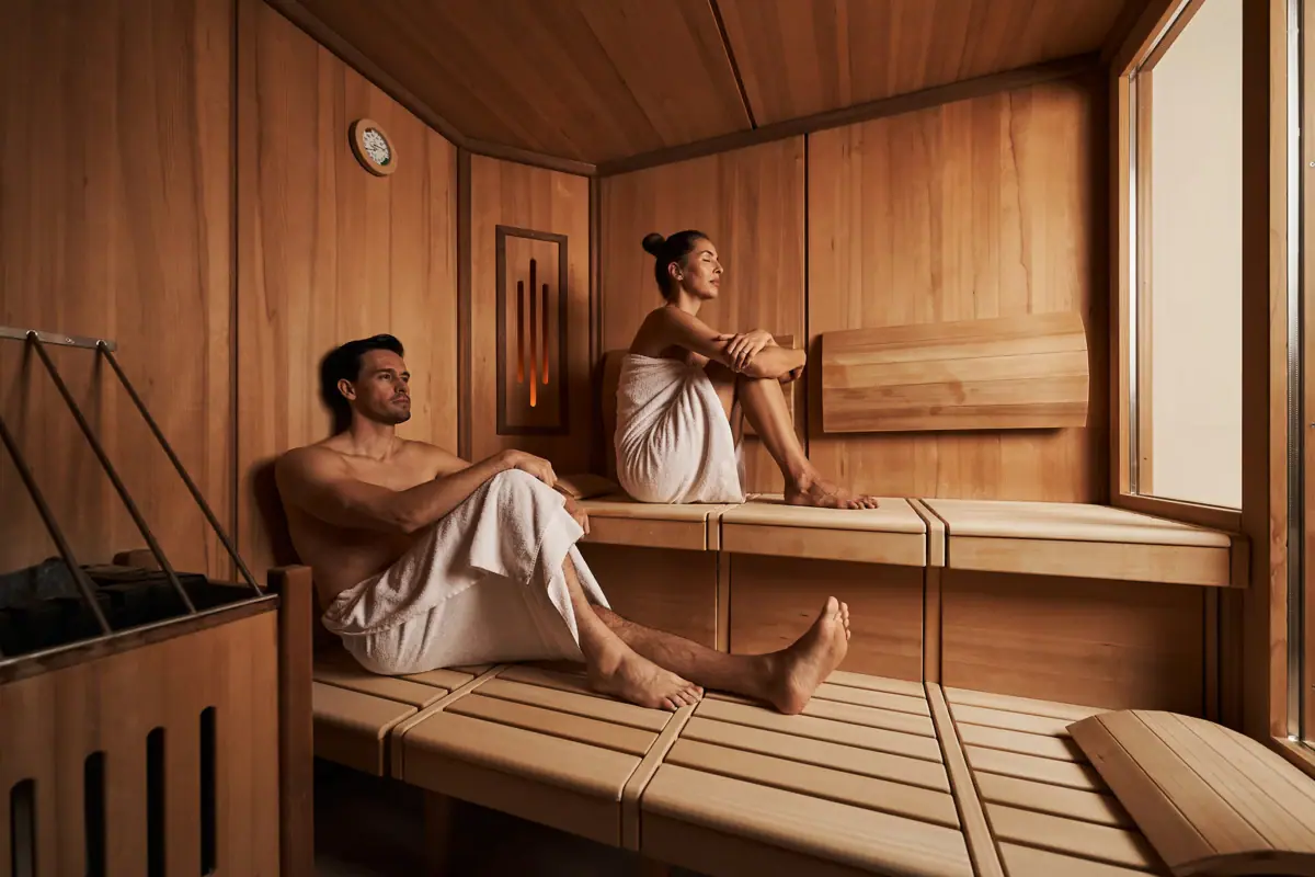 Een man en een vrouw in een sauna.
