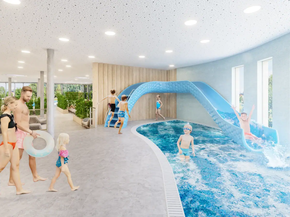 Een groep kinderen in het zwembad.