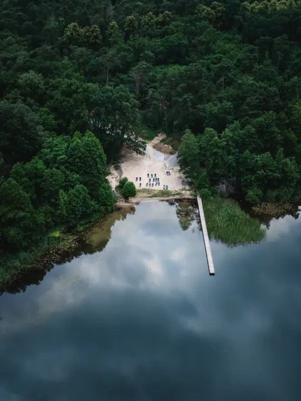 Strand bij het meer Een waterlichaam met een loopbrug en bomen op de voorgrond.