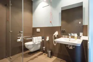 Mindervalide kamer Een badkamer met douche en toilet.