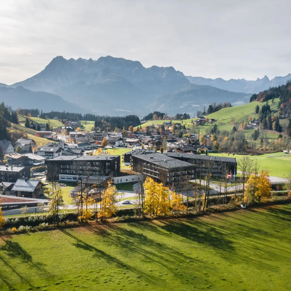 Stad met veel gebouwen, omringd door groene weiden en bergen op de achtergrond.