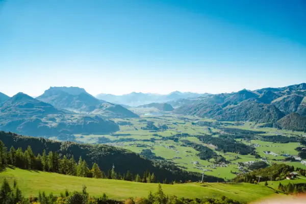 Groene vallei met bergen en bomen.