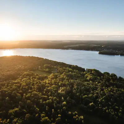 Een waterlichaam met bomen en een stad in de verte.