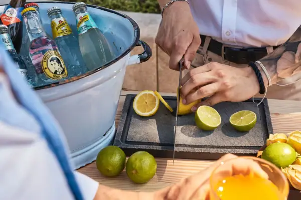 Eén persoon snijdt een citroen met een mes.