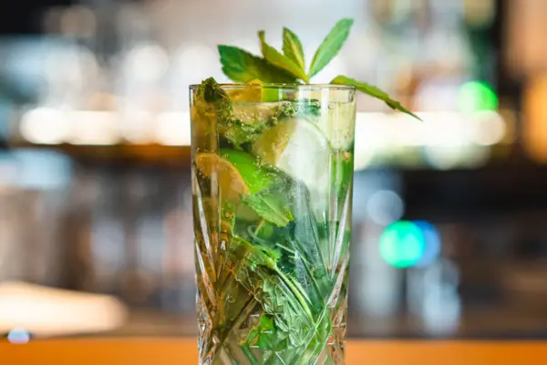 aja Cocktail Een glas met een cocktail van limoen en muntblaadjes van de aja Bar Ruhpolding.
