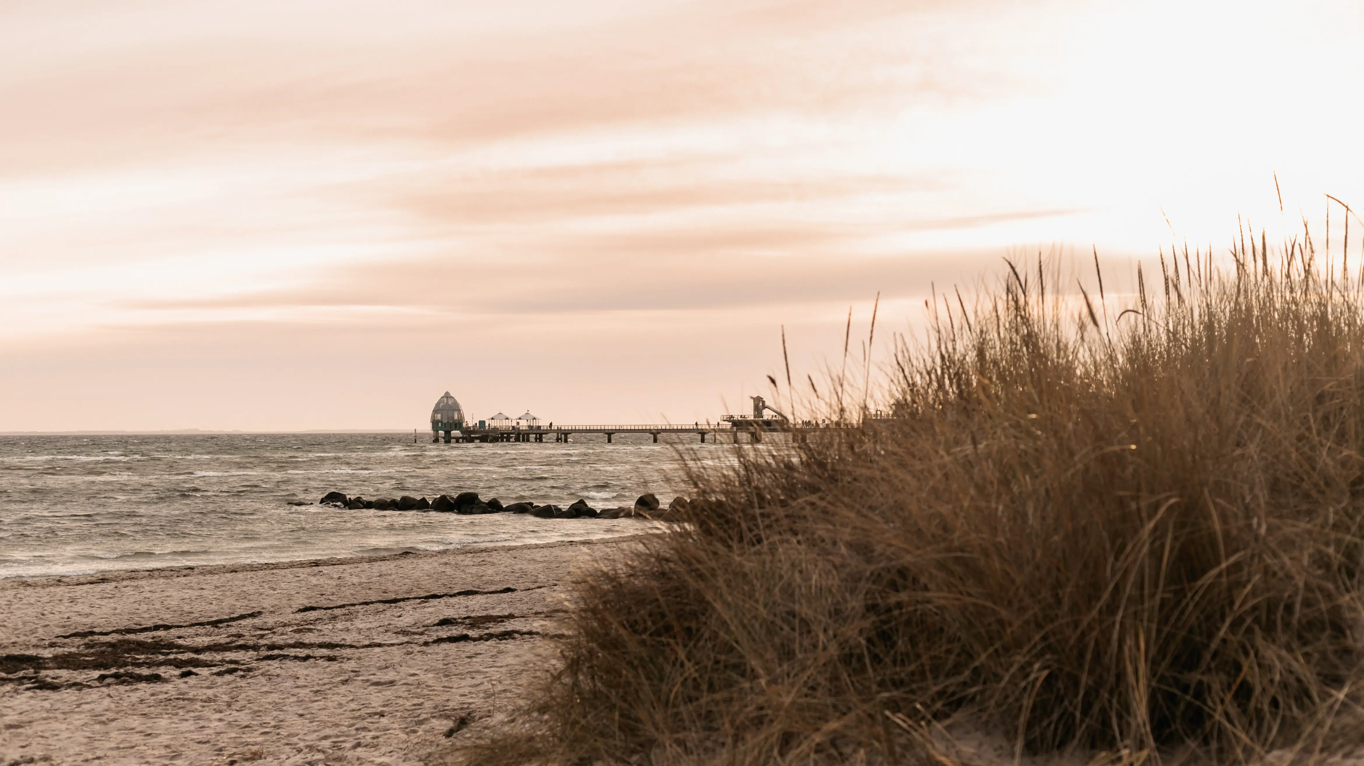 Strand met een pier en gras op de voorgrond.