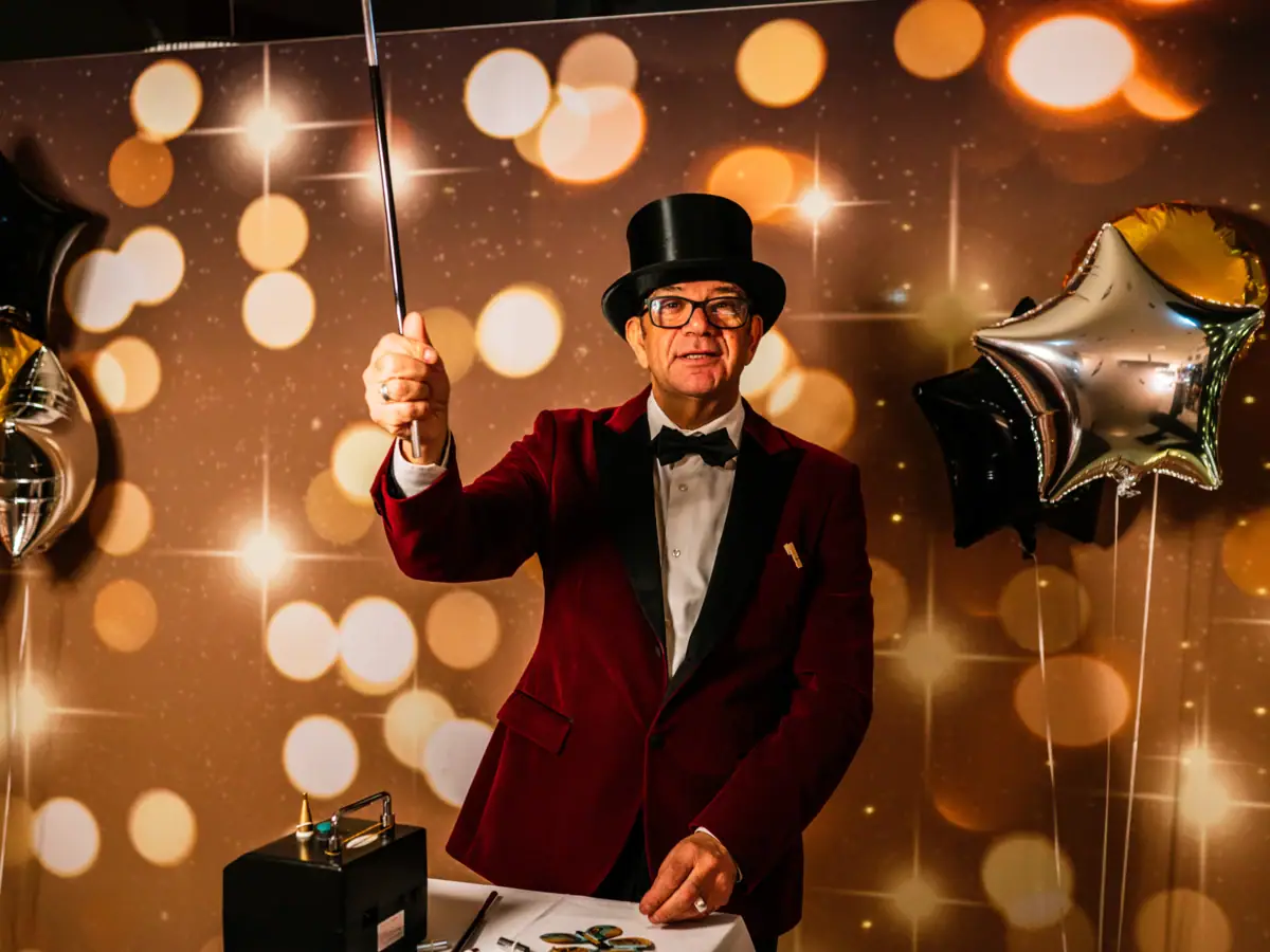 Een man in een rood pak met hoge hoed houdt een wandelstok vast.