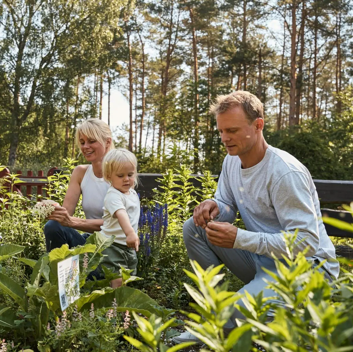 Een groep mensen in een tuin.