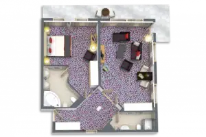 Plattegrond Plattegrond van een huis met gelabelde kamers en inrichting.