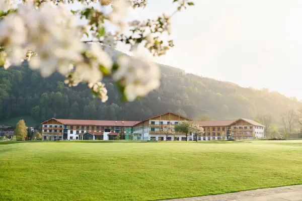 Großes grünes Feld mit Gebäuden im Hintergrund.